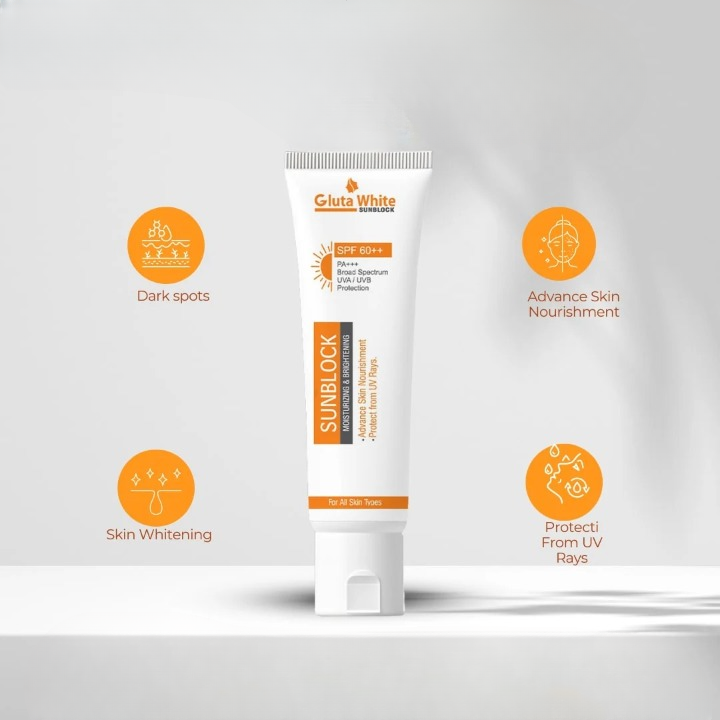 GlutaWhite Skin Brightening Sunblock SPF60 – Advanced UVA/UVB Protection, Oil-Free & Long-Lasting Moisture (60gm)
