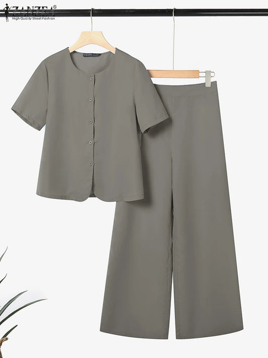 2025 ZANZEA Summer Pant Sets Women 2PCS Outfits Short Sleeve Buttons Tops Suit Casual Solid Work Tracksuit Fashion Matching Sets