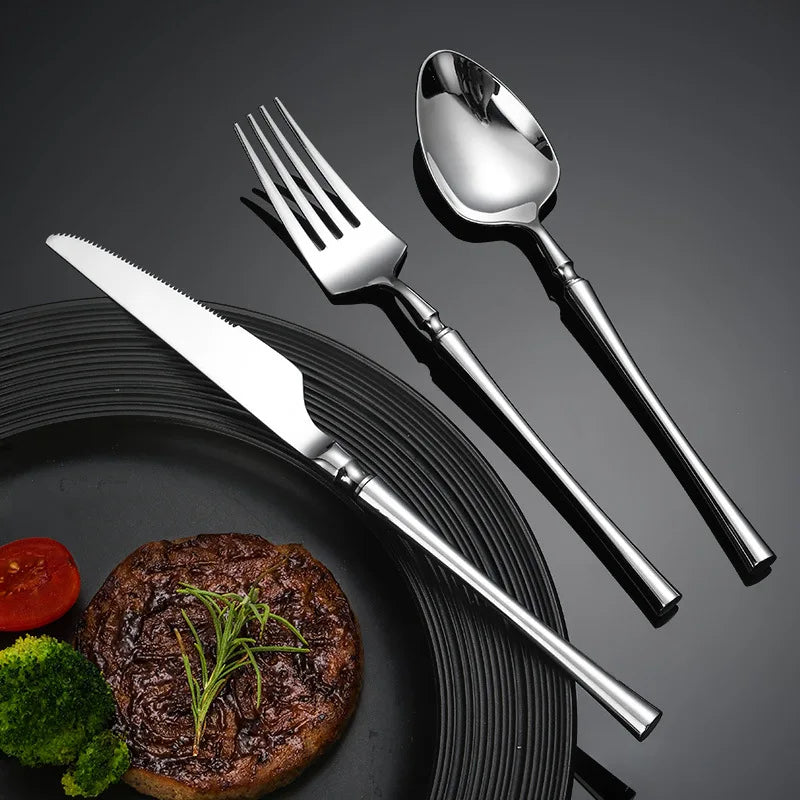 Western Silver Stainless Steel Dinnerware Dining Knife Serving Spoon Fork Teaspoon Cutlery Set Upscale Tableware Dishwasher Safe