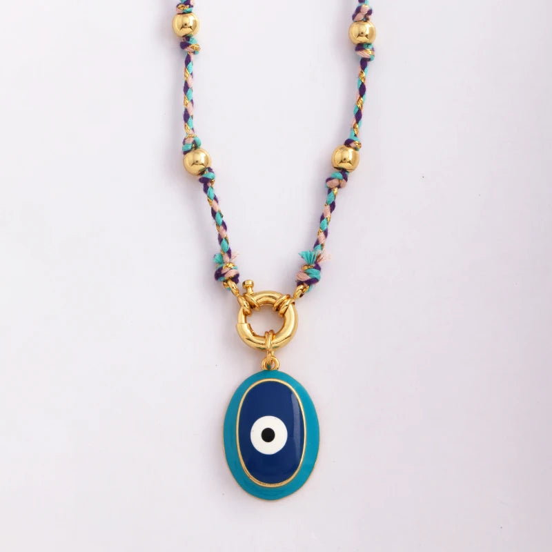 Star Celestial Blue Green Evil Eye Long Knot Beaded Necklace,Boho Nature Cotton Cord Sweater Amulet Party Summer Beach Jewelry