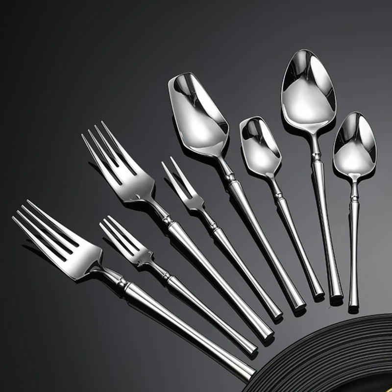 Western Silver Stainless Steel Dinnerware Dining Knife Serving Spoon Fork Teaspoon Cutlery Set Upscale Tableware Dishwasher Safe