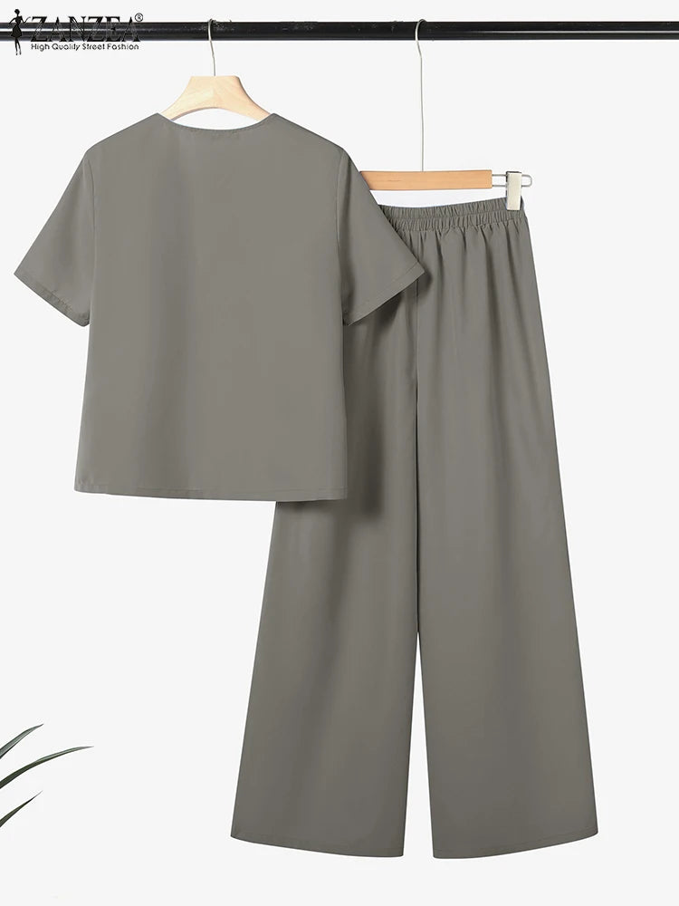 2025 ZANZEA Summer Pant Sets Women 2PCS Outfits Short Sleeve Buttons Tops Suit Casual Solid Work Tracksuit Fashion Matching Sets