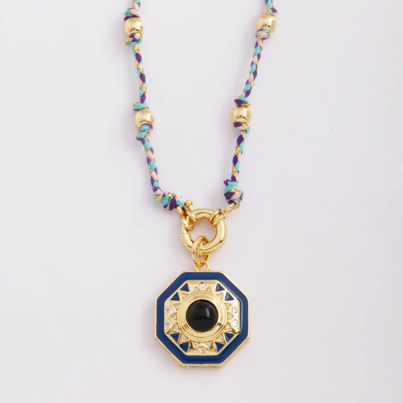 Star Celestial Blue Green Evil Eye Long Knot Beaded Necklace,Boho Nature Cotton Cord Sweater Amulet Party Summer Beach Jewelry