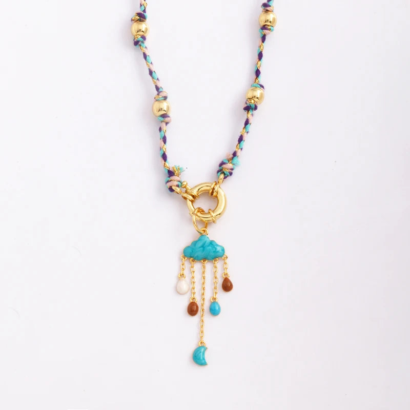 Star Celestial Blue Green Evil Eye Long Knot Beaded Necklace,Boho Nature Cotton Cord Sweater Amulet Party Summer Beach Jewelry