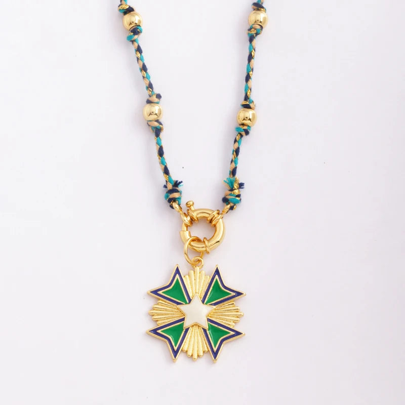Star Celestial Blue Green Evil Eye Long Knot Beaded Necklace,Boho Nature Cotton Cord Sweater Amulet Party Summer Beach Jewelry