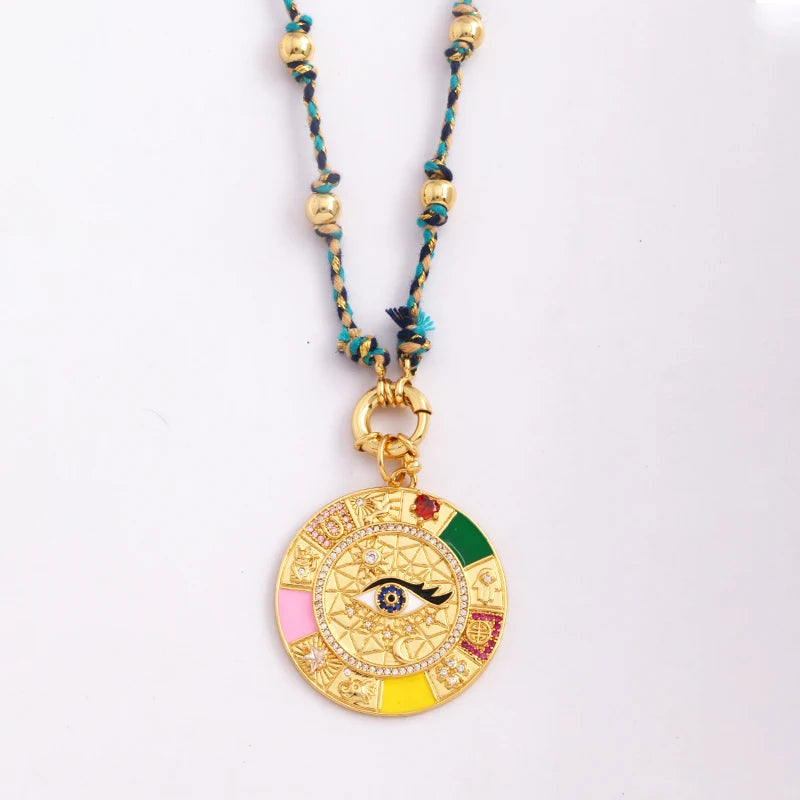 Star Celestial Blue Green Evil Eye Long Knot Beaded Necklace,Boho Nature Cotton Cord Sweater Amulet Party Summer Beach Jewelry